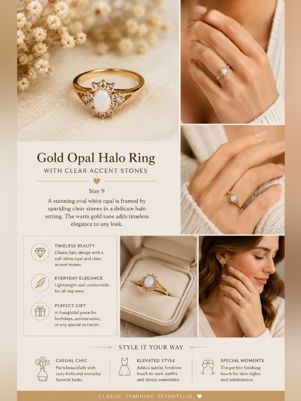 Gold Opal Halo Ring with Clear Accent Stones
